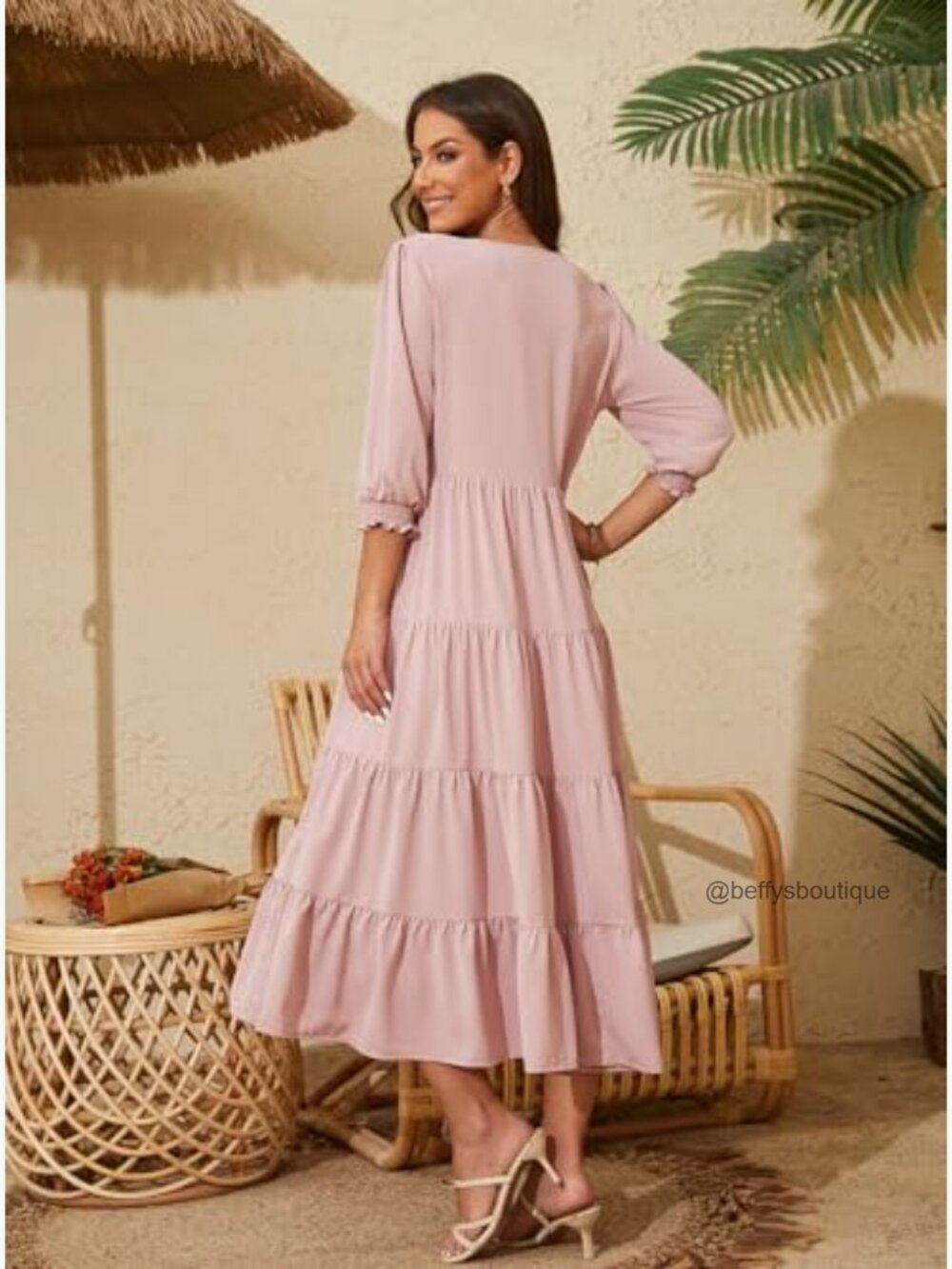 V Neck Boho Dress Puff Sleeve High Waist Floral Smocked Flowy Ruffle Midi - Picture 3 of 6